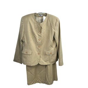 Talbots Womens Pure Silk Tan 2 Piece Career Blazer Suit Set Skirt Jacket Size 14